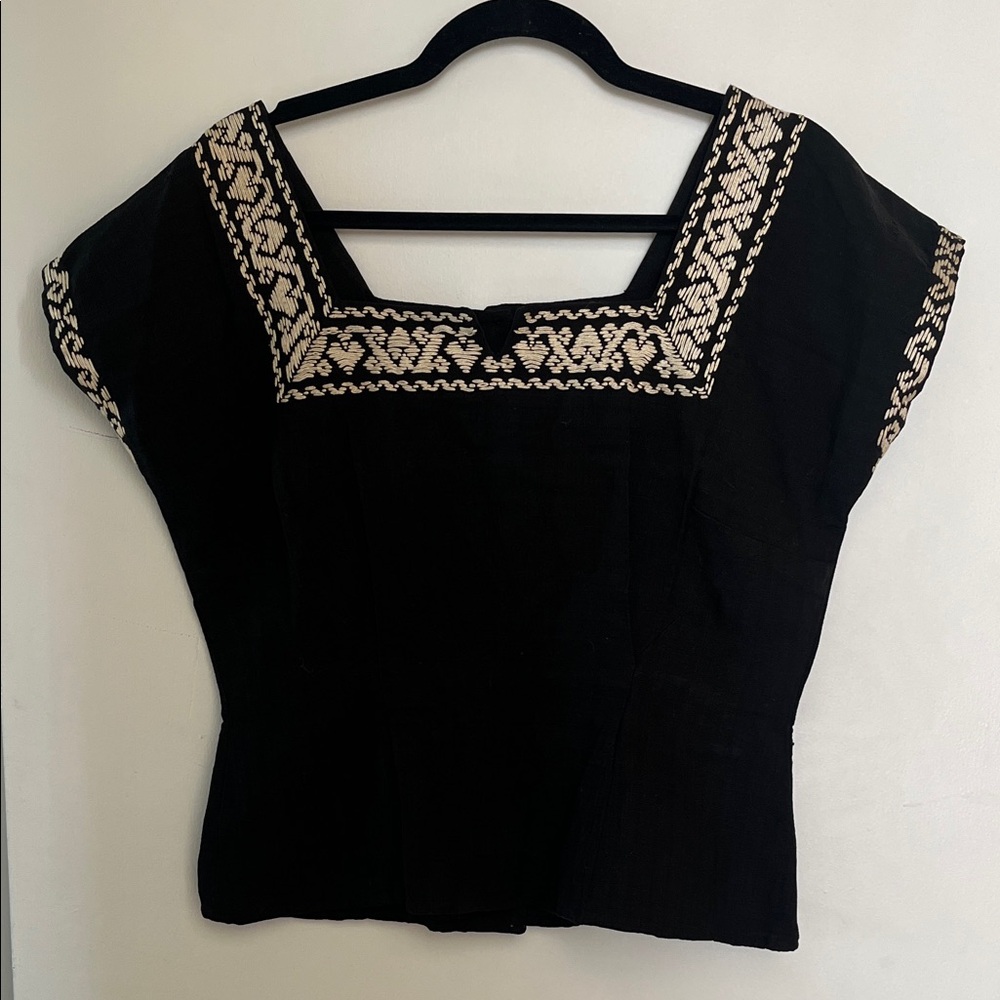 Vintage Embroidered Black Peasant Top with Cream Detail